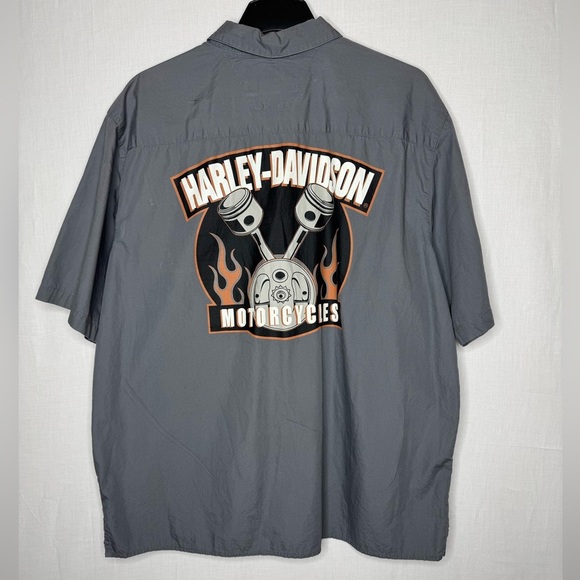Men’s Harley Davidson Gray Button Down Short Sleeve Shirt Pistons Power Mechanic - Picture 1 of 8